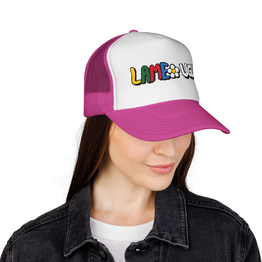 Trucker Cap — "LAME • UGLY" Colorful Daisy Retro Patch