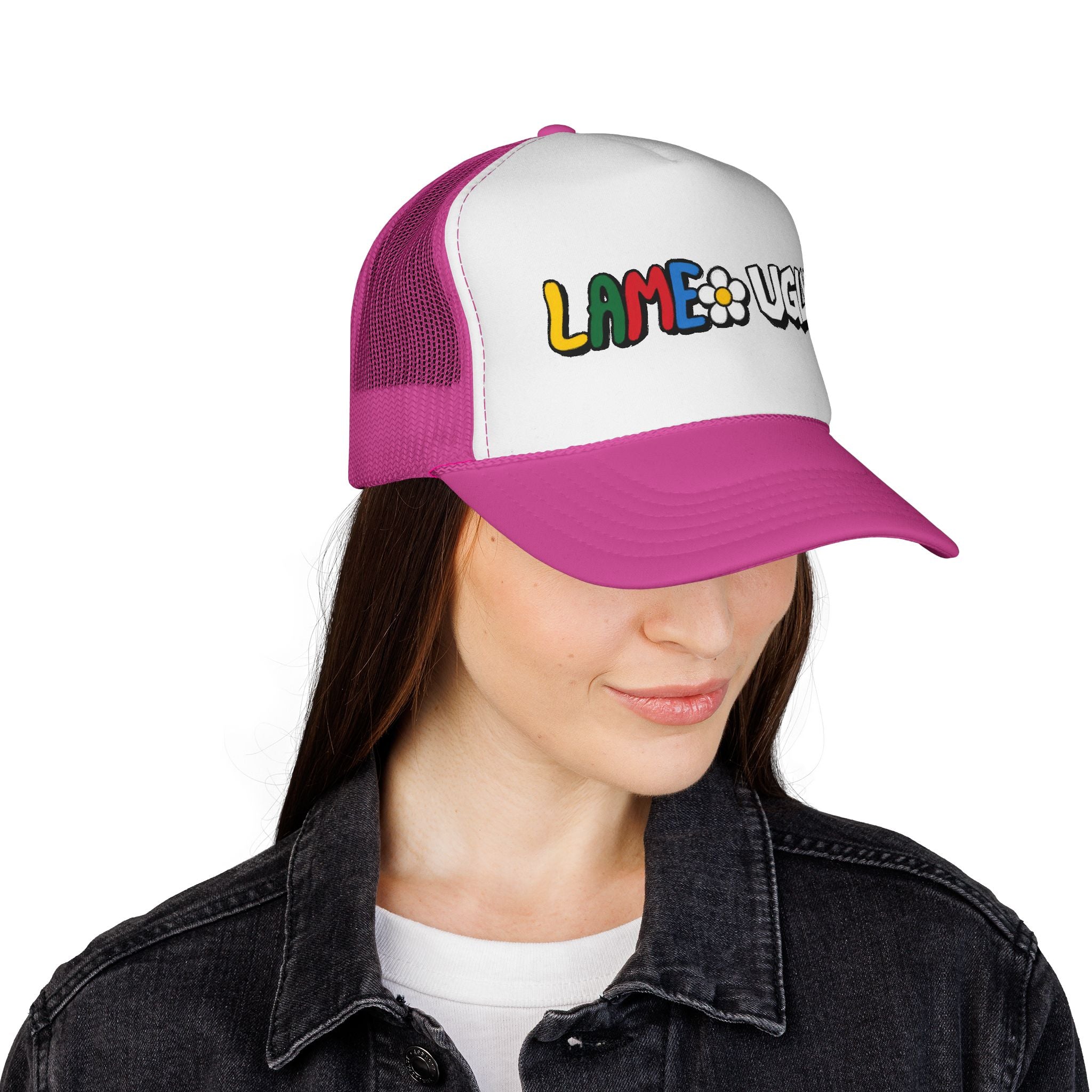 Trucker Cap — "LAME • UGLY" Colorful Daisy Retro Patch